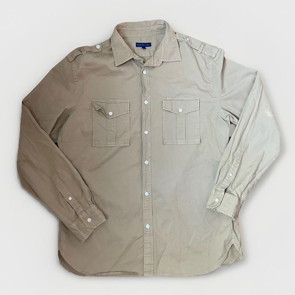 Martin Osa Shirt Mens Large Tan Button Up Long Sleeve Casual Classic Cotton